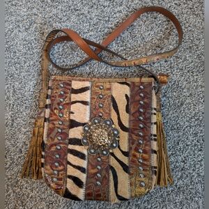 Raviani Genuine Leather and Calf Hair Animal Print Crossbody Purse